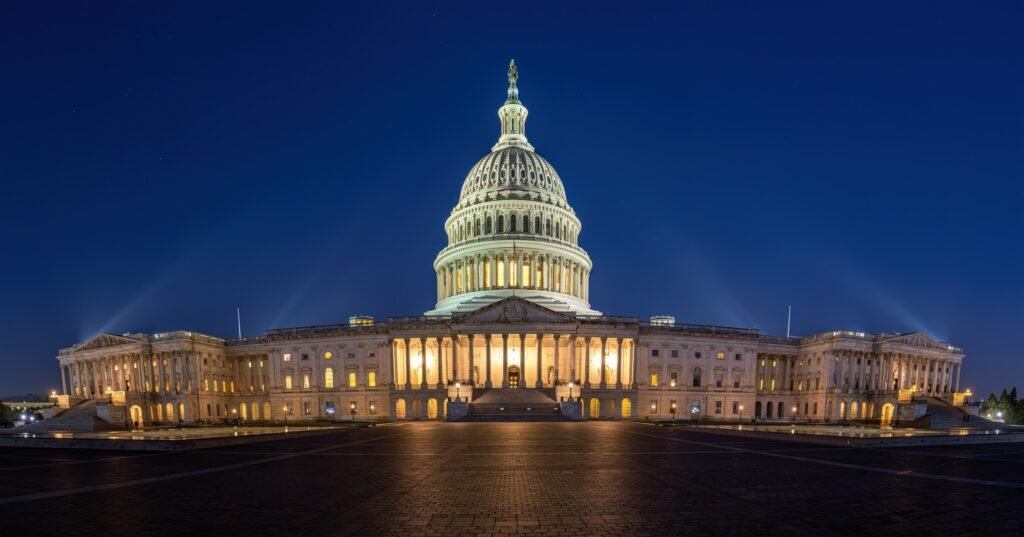 Panorama of the illuminated United States Capitol